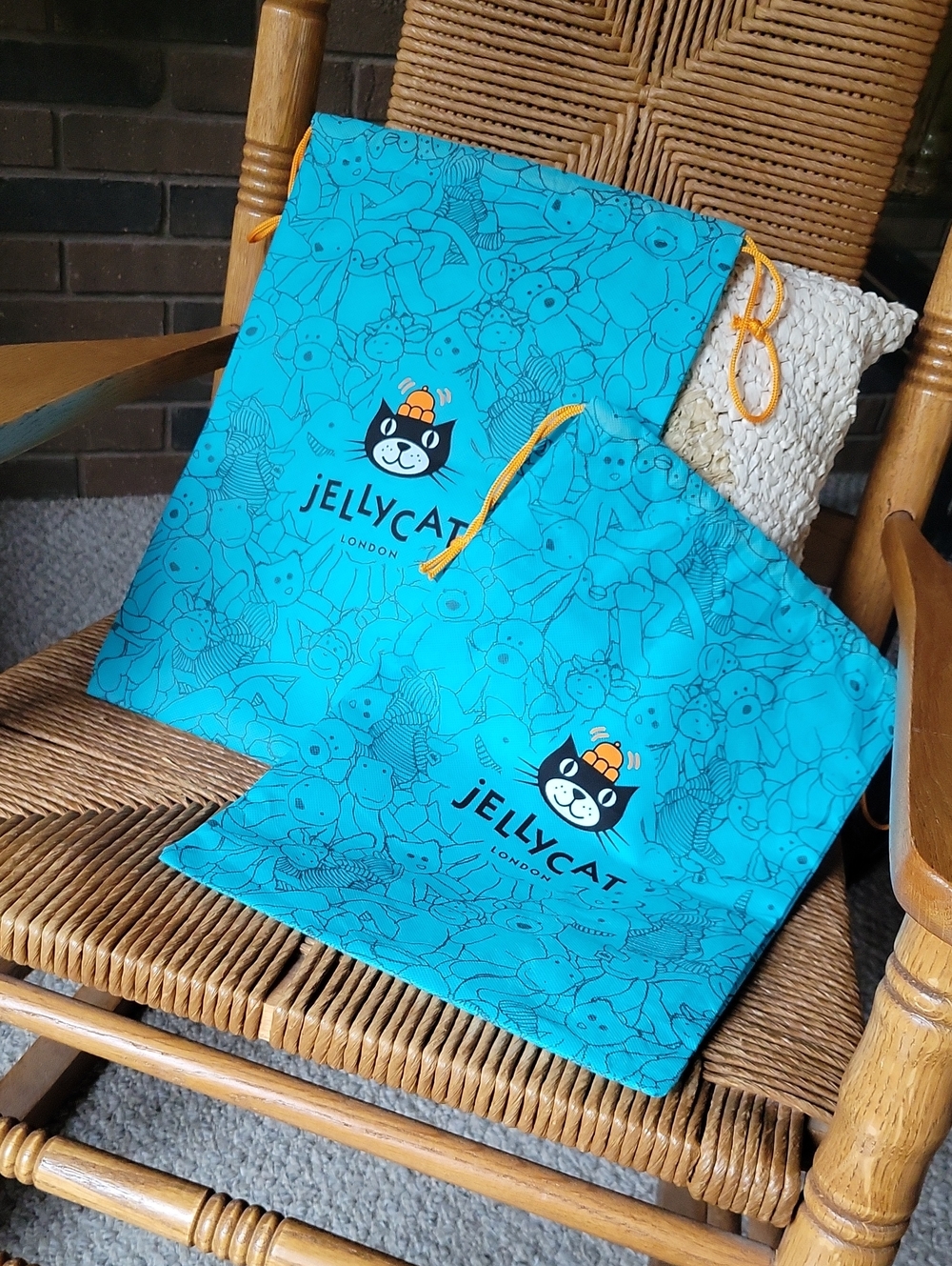 Jellycat Turquoise Drawstring Toy Bags with Orange Cords